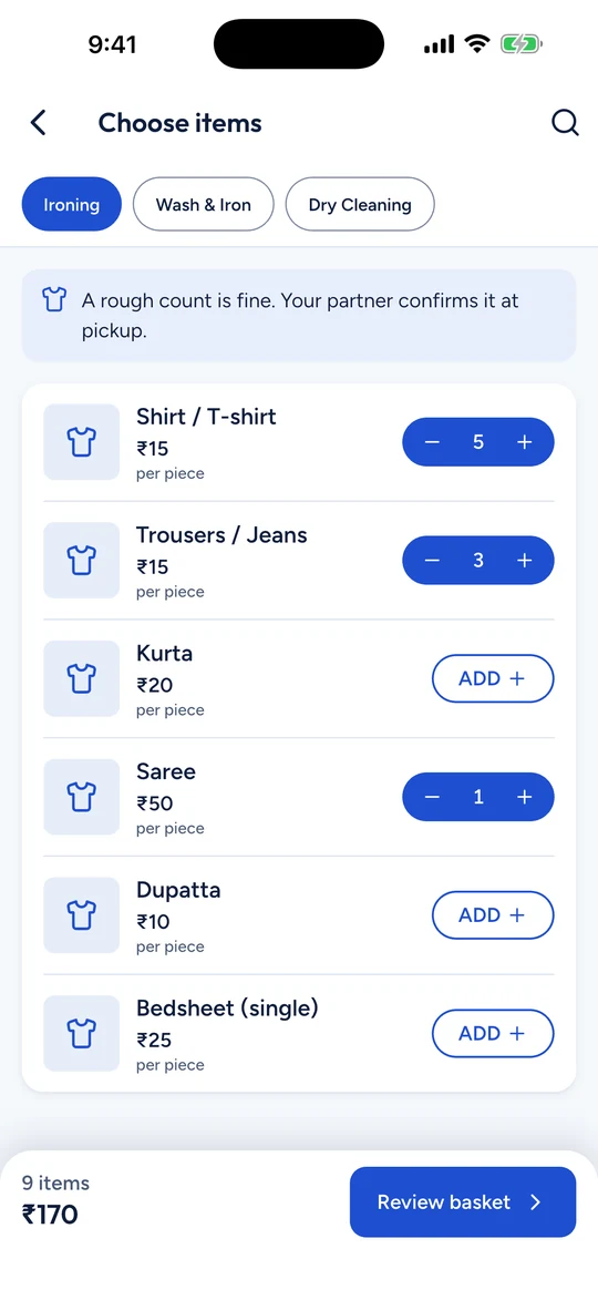 Choosing items to iron, with a running total.