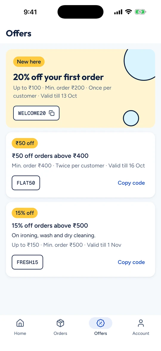 The offers screen with promo codes to copy.